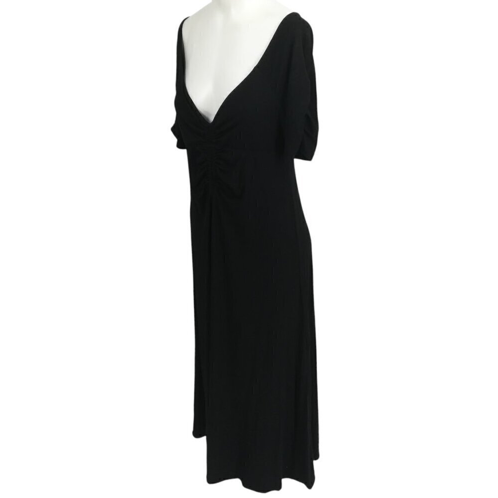 Boden Ruched Front Jersey V Neck Black Midi Dress Size 8R Stretch Short Sleeve